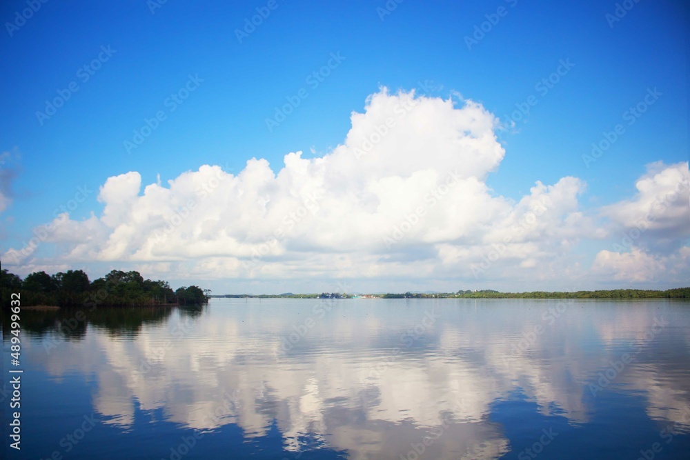Reflection of white clouds in blue sky in river.