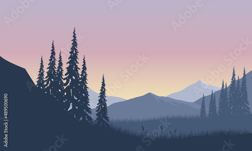 Realistic mountain view at dusk at the edge of the forest with the silhouettes of pine trees all around