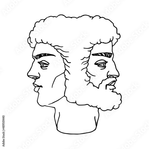 The head of the two-faced god Janus. An ancient Greek mythological character. Vector illustration with contour lines in black ink isolated on a white background in cartoon and hand drawn style.