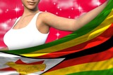 young woman holds Zimbabwe flag in front on the red colorful clouds - flag concept 3d illustration