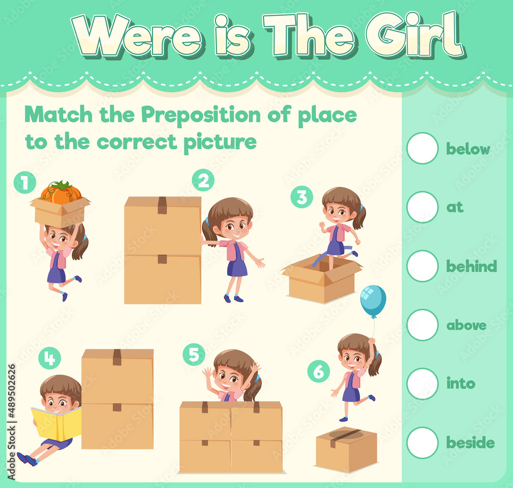 Prepostion wordcard design with girl and boxes Prepostion wordcard design with girl and boxes