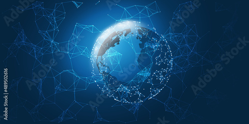 Abstract Dark Blue Futuristic 3D Global Networks Concept with Globe - Abstract Polygonal Digital Connections and Glowing Network Nodes - Future Technology Background, Creative Design Template