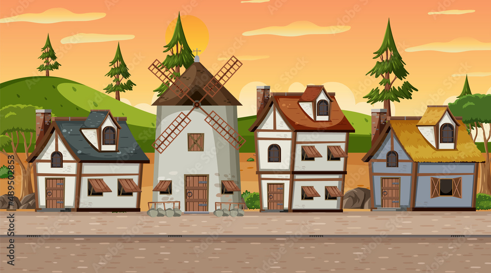 Medieval town scene with villagers