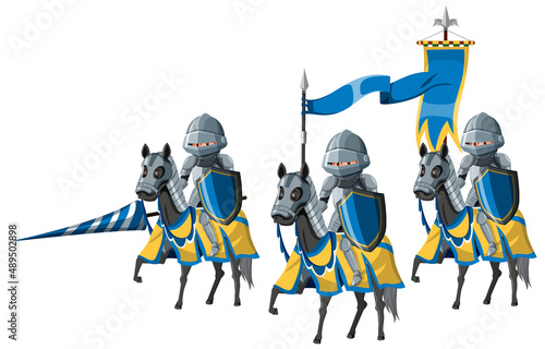 Group of medieval knights on horseback on white background