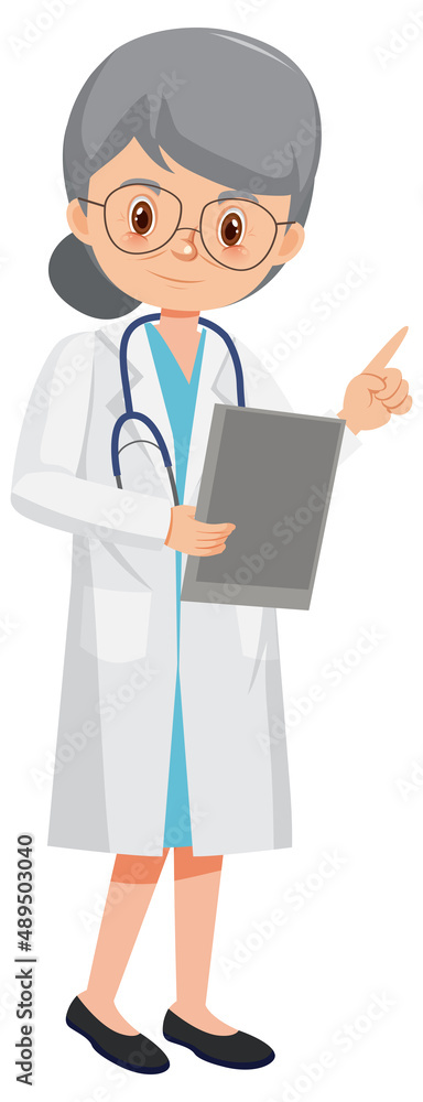A female doctor cartoon character on white background A female doctor cartoon character on white background
