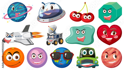 Set of different toy objects with smiley faces