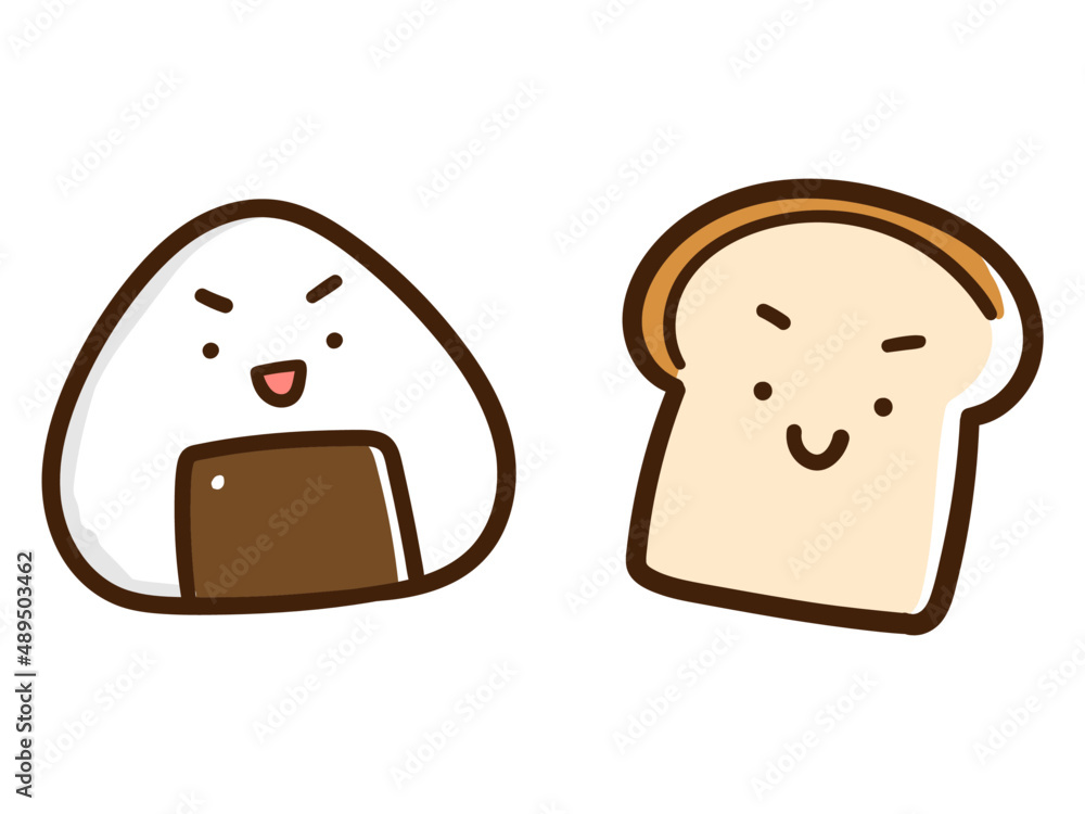 おにぎりと食パンのかわいいキャラクターの手描き風イラスト Stock Vector Adobe Stock