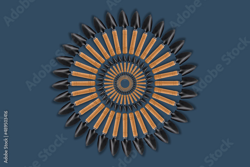 A composition of small garden shovels assembled in a circle on a blue background, a place to copy. Concept: a poster for the design of advertising media for the garden.