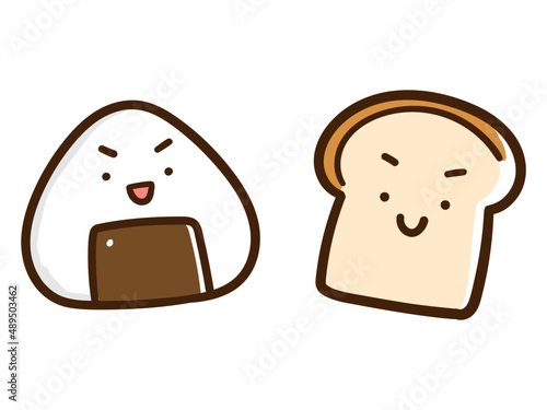 おにぎりと食パンのかわいいキャラクターの手描き風イラスト