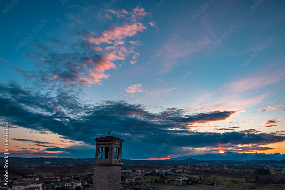 Fototapeta premium Winter colorful sunset in the countryside of Friuli-Venezia Giulia, Italy