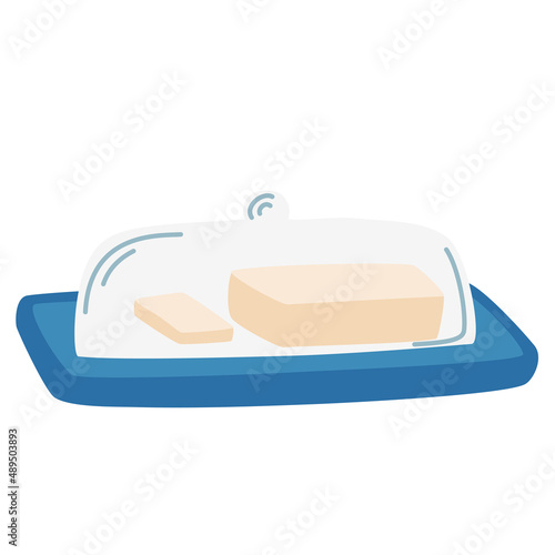 Butter. Oil in the oil pan. Cooking. Fat milk butter piece. Vector illustration cartoon flat icon isolated on white.