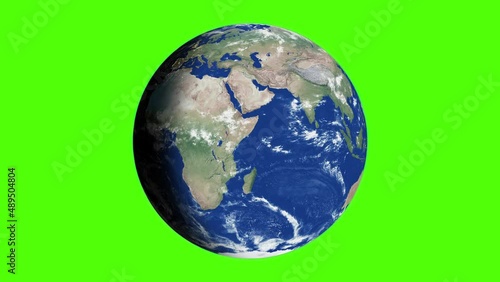 Planet earth rotation - computer generated animation. Night to day change. Realistic world globe rotating and moving at green background. Seamless loopable animation. 