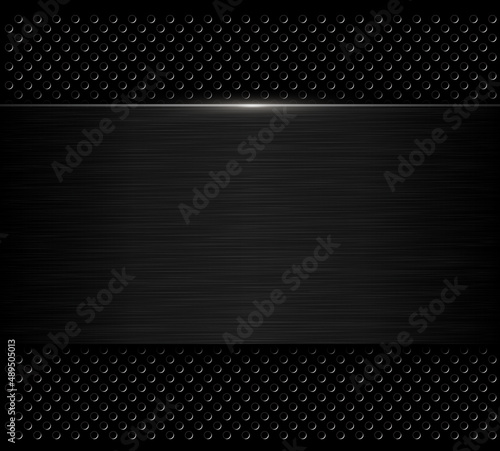 Black metallic background, brushed metal banner on perforated pattern back, 3D dark plate texture vector illustration.