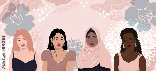 Women of different ethnic groups together. Modern flat illustration with flowers and leaves. Womens day.