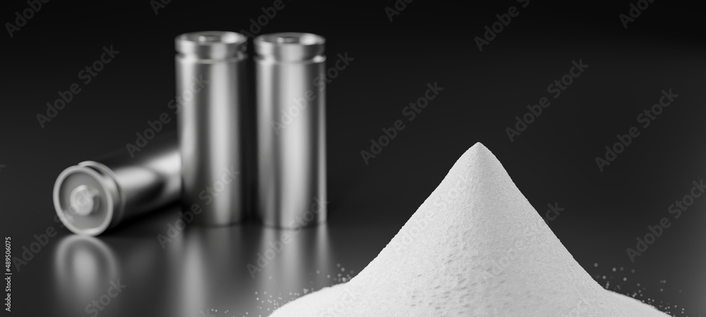 Pile of lithium-rich salt material from deposits for Li-Ion battery manufacturing in EV industry, Lithium hexafluorophosphate extract from rechargeable energy cell in recycling process 3D illustration - obrazy, fototapety, plakaty 
