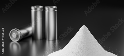 Pile of lithium-rich salt material from deposits for Li-Ion battery manufacturing in EV industry, Lithium hexafluorophosphate extract from rechargeable energy cell in recycling process 3D illustration