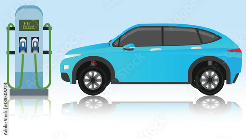 Electric Vehicle front of SUV car prepar charging parking. With colors picture of car and EV charger of shodow. Background luxuly white color.