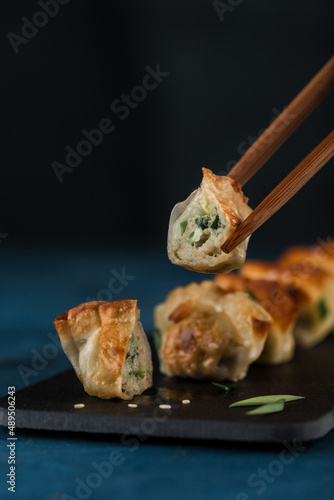Fried dumplings with pork and greens on a black graphite board with chopsticks on a dark background.