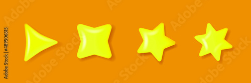 Golden stars set. Realistic 3d objects. Different shape star rating 