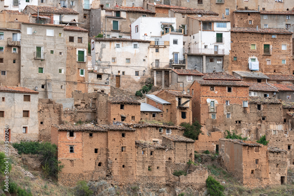 Detail view of the village of Moros and its old typical houses in Zaragoza province, Aragón, Spain.
