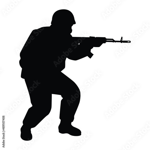 Soldier with rifle gun in war silhouette vector  military man in the battle.