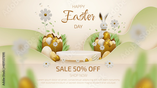 Podium and 3d realistic bunny with gold easter egg elements and flower with grass decorations.