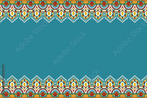 Red Flower on Indigo Blue, Yellow, Green Geometric ethnic oriental pattern traditional Design for background,carpet,wallpaper,clothing,wrapping,Batik,fabric,  illustration embroidery style