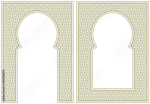 Two frames and an arch . Ornament in Arabic geometric style. Proportion A4