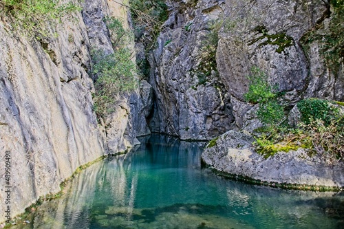 Blue Green River in a Rocky Canyon in the Mountains of Umbria Italy © JonShore