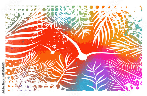 Abstract multicolored watercolor imitation splashes background with tropical palm leaves. Trendy summer vacation background.