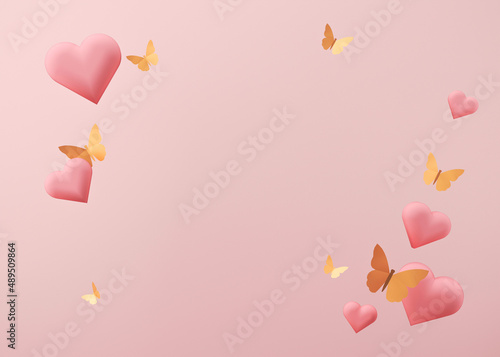Pink hearts and golden butterflies. Women's Day, Mother's Day, Wedding, Anniversary background with free space for text, copy space. Postcard, greeting card design. Trendy template. 3D illustration.