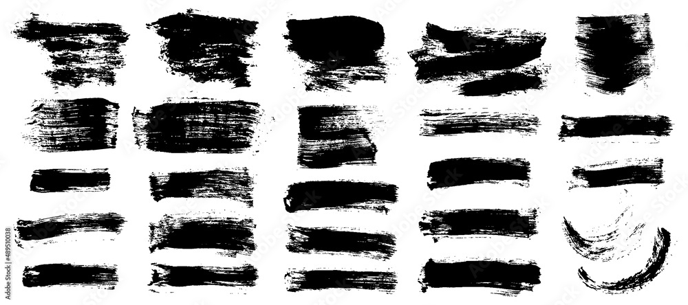 Brush strokes black paint, set of  grunge design elements.  Vector illustration