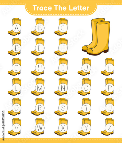 Trace the letter. Tracing letter alphabet with Rubber Boots. Educational children game, printable worksheet, vector illustration © Pure Imagination