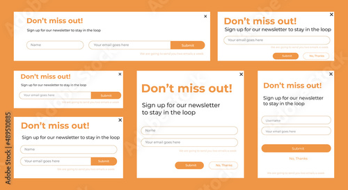 Set of Email Subscribe Newsletter pop up template design. Submit form for website email letter banner.
