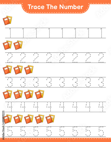 Trace the number. Tracing number with Book. Educational children game, printable worksheet, vector illustration