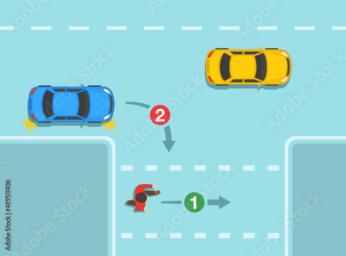 Safety driving rules and tips. Give way to pedestrians when turning right. Man crossing the road. Top view. Flat vector illustration template.