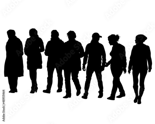 Big crowds people on street. Isolated silhouette on a white background