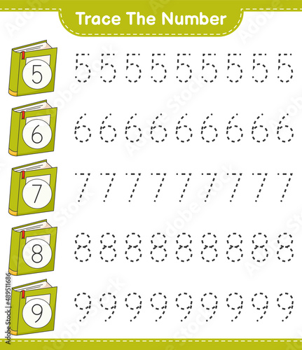 Trace the number. Tracing number with Book. Educational children game, printable worksheet, vector illustration