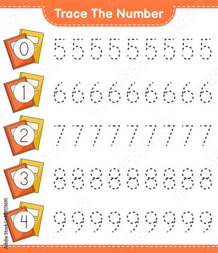 Trace the number. Tracing number with Book. Educational children game, printable worksheet, vector illustration