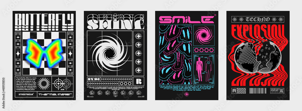 Collection of modern posters. In Techno style, stylish print for ...