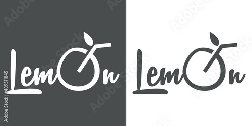 Logo Juice bar. Banner con caligrafía Lemon con letra O con forma de bebida de limón en fondo gris y fondo blanco