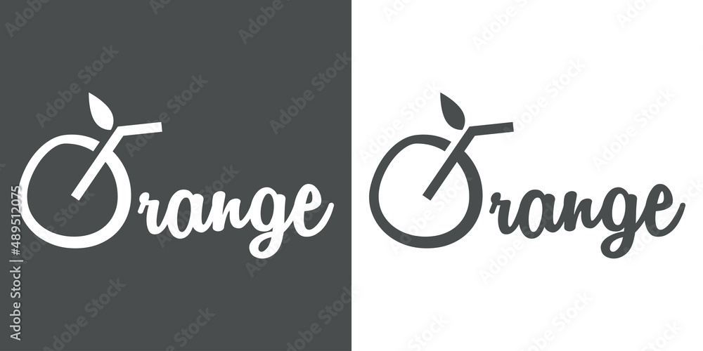 Logo Juice bar. Banner con caligrafía Orange con letra O con forma de bebida de naranja en fondo gris y fondo blanco Logo Juice bar. Banner con caligrafía Orange con letra O con forma de bebida de naranja en fondo gris y fondo blanco