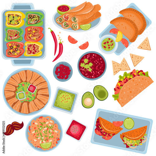 Set of Mexican food. Vector illustration with Isolated items on a white background.
