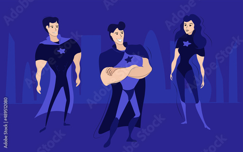 Super people, superheroes men and women in special clothes, with capes. Protection and strength, superiority. Blue color.