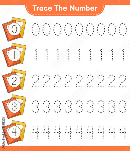 Trace the number. Tracing number with Book. Educational children game, printable worksheet, vector illustration