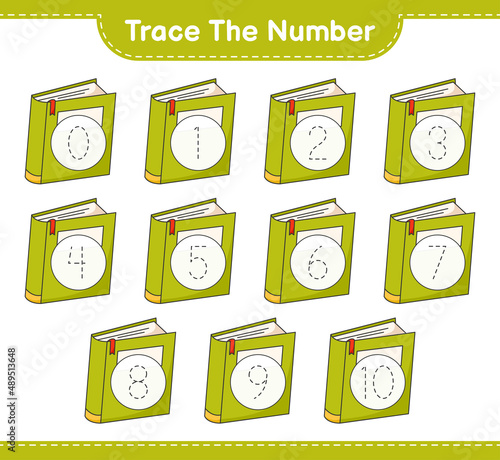 Trace the number. Tracing number with Book. Educational children game, printable worksheet, vector illustration
