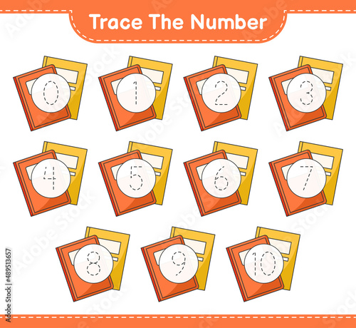 Trace the number. Tracing number with Book. Educational children game, printable worksheet, vector illustration