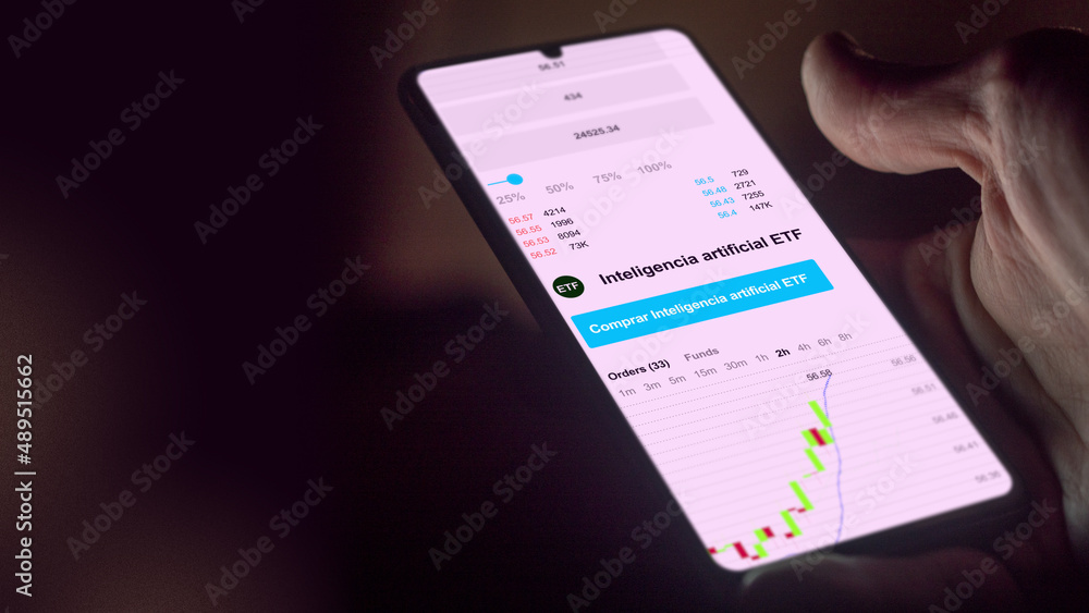 Invertir en fondos negociados etf en bolsa mundial, datos del mercado de valores en el teléfono. Análisis de negocios de una tendencia ETF inteligencia artificial IA. Texto en español Invertir en fondos negociados etf en bolsa mundial, datos del mercado de valores en el teléfono. Análisis de negocios de una tendencia ETF inteligencia artificial IA. Texto en español