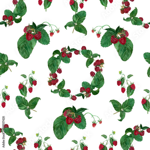 Seamless pattern with raspberry berry and green leaves hand-painted in watercolor on a white background.