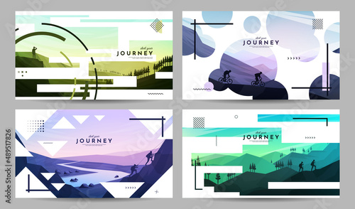 Vector backgrounds set. Travel concept of discovering, exploring and observing nature. Hiking, biking. Adventure tourism. Flat design for website banner, social media. Geometric linear shape overlay